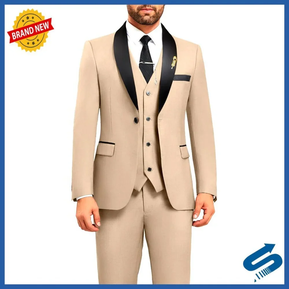 Slim Fit 3-Piece Suit Set with Shawl Lapel Blazer Vest Pants Accessories